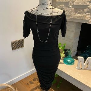 Venus black ruched off the shoulder body con dress